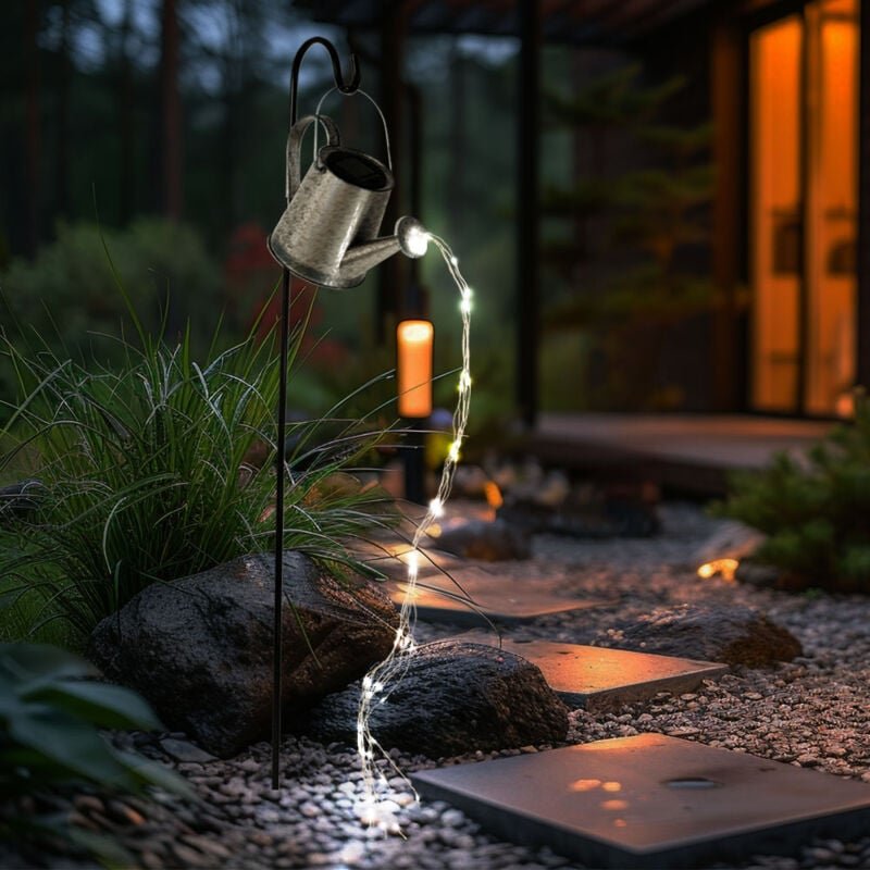 Solarleuchte Gießkanne Solarlampe Gartendeko Erdspieß Gießkanne Außenleuchte, Metall schwarz silber, 24x led LxBxH 32x32...