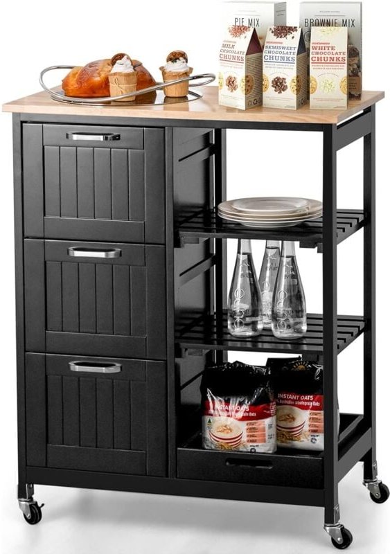 Thumbnail - Küchenwagen mit Tablett, Regalen und 3 großen Schubladen, Küchenschrank rollbar, Kücheninsel aus Kautschukholz, Servierw...