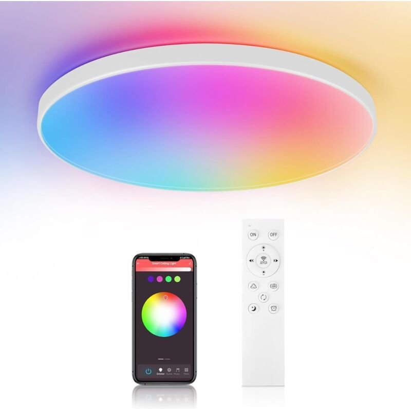 Dimmbare 24-W-RGB-LED-Deckenleuchte, Bluetooth-Badezimmer-Deckenleuchte mit Fernbedienung, IP44 wasserdichte smarte Deck...