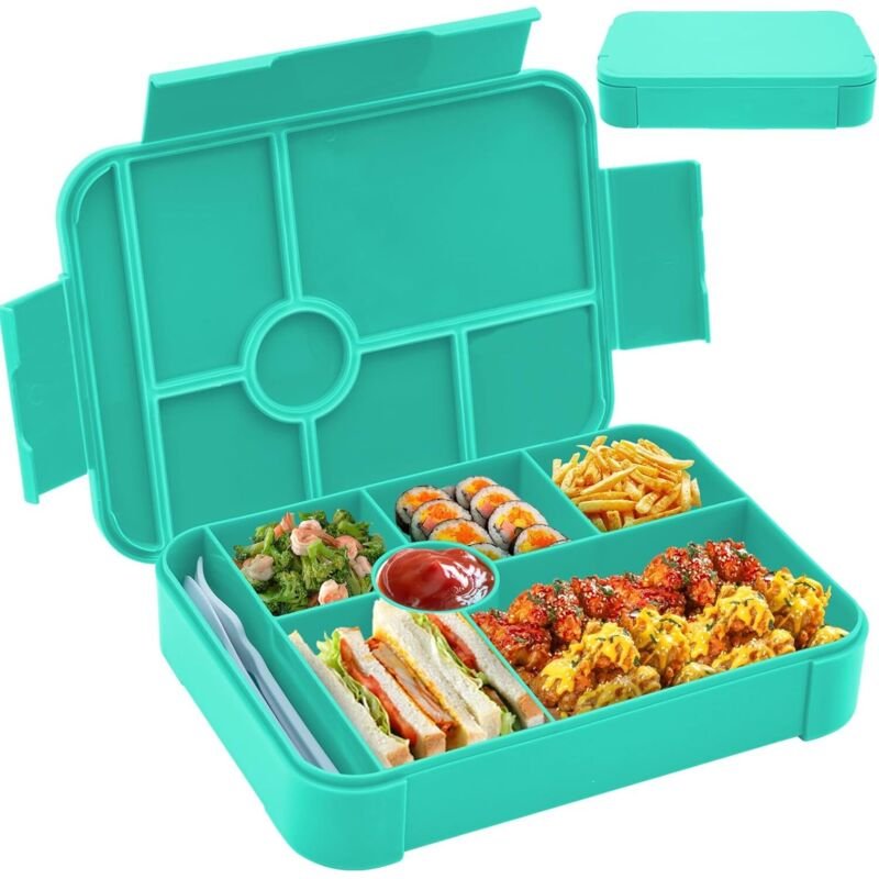 Brotdose Kinder (Grün), 1350ml, 7 Fächer, auslaufsichere Bento-Lunchbox mit Besteck, ideal für Schule, Kindergarten & Au...