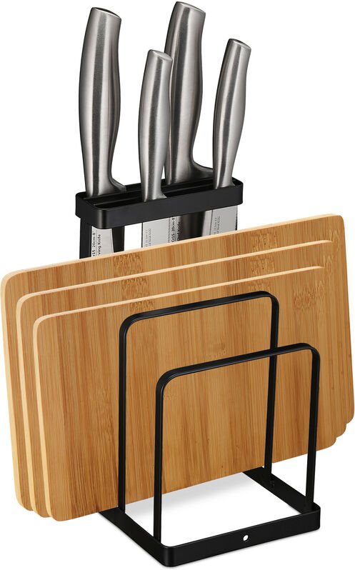 Relaxdays - 2 in 1 Schneidebretthalter & Messerhalter, Metall, Brettchenständer Küche, Messerblock unbestückt, schwarz