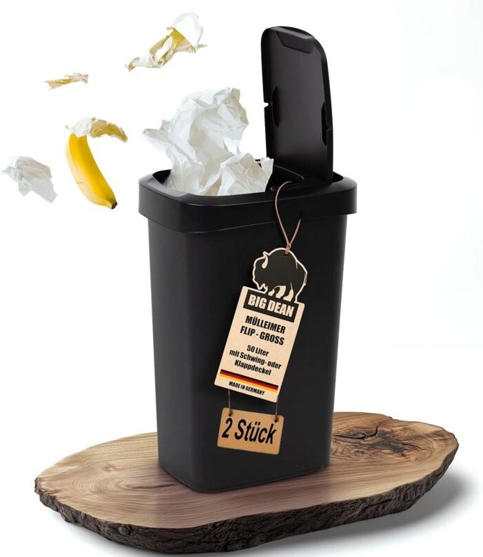 BigDean 2x Mülleimer 50 Liter Schwing & Klappdeckel schwarz Küche