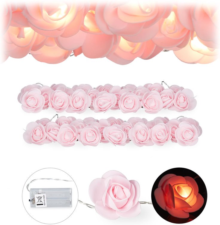 2 x Rosen Lichterkette, 20er LED Lichterkette Batterie, Hochzeit, Verlobung & Valentinstag, warmweiß, Deko, rosa