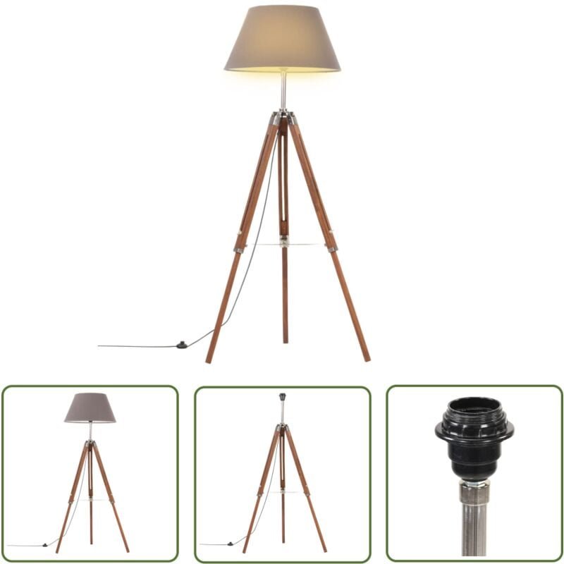 The Living Store - Stativlampe Honigbraun und Grau Teak Massivholz 141 cm - Retro-Lampe - Stehlampe - Wohnzimmer Dekorat...