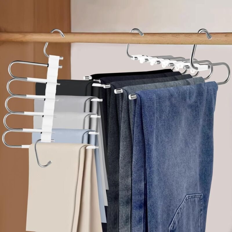 Platzsparender 5-in-1 Hosenbügel – 2 multifunktionale Hosenbügel aus Edelstahl, rutschfest, faltbar, für Schals, Jeans, ...