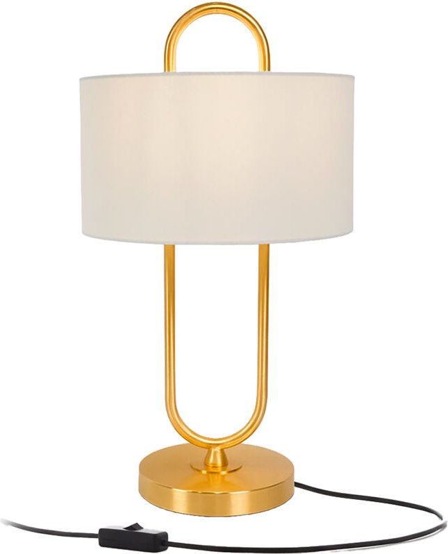 Relaxdays Tischlampe, offene U-Form, Leinenschirm, E27, HD 55x30,5cm, Nachttischlampe mit Kabel, Schlafzimmer, weiß/gold