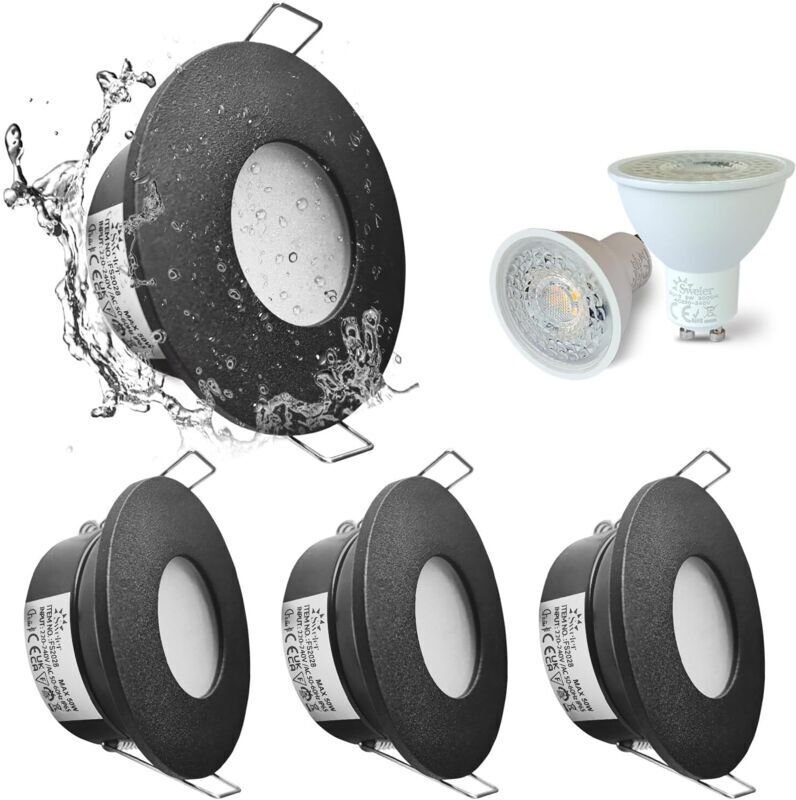 Set mit 4 wasserdichten LED-Einbaustrahlern (IP65), 5 W, 3000 K warmweiß, 68 mm Einbaudurchmesser, Oberfläche: Satin-Nic...