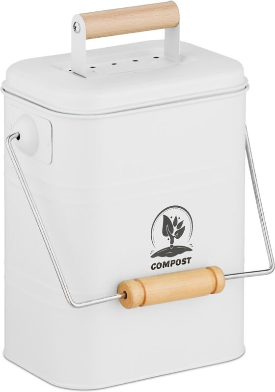 Relaxdays - Komposteimer Küche, 3,5 Liter, 2 Aktivkohlefilter, mit Deckel, Henkel, Eisen & Holz, Biomüllbehälter, weiß