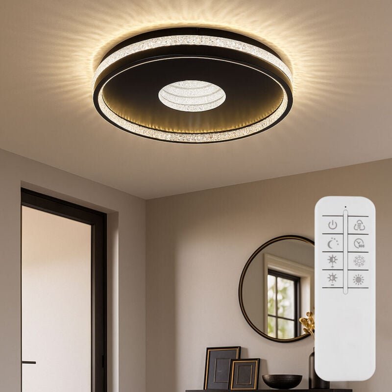 LED Deckenleuchte Fernbedienung dimmbar Wohnzimmerleuchte Kristall Kristalllampe 3D-Effekt, CCT, Metall schwarz verspieg...