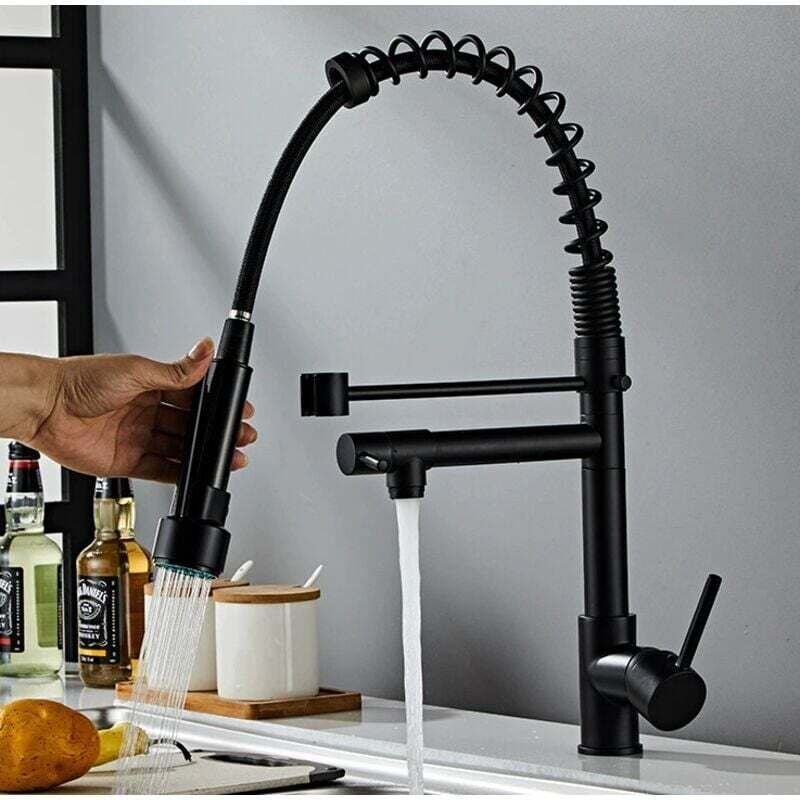 Mitigeur Cuisine Noir Extractible 2 Becs 2 Modes Pulvérisation Rotatif 360 Acier Inoxydable