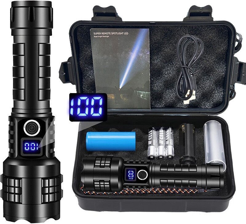 Taschenlampe LED Aufladbar, 500000 Lumen Extrem Hell Taschenlampen Zoombare Taktische Handlampe mit 5 Lichtmodi, IP67 Wa...