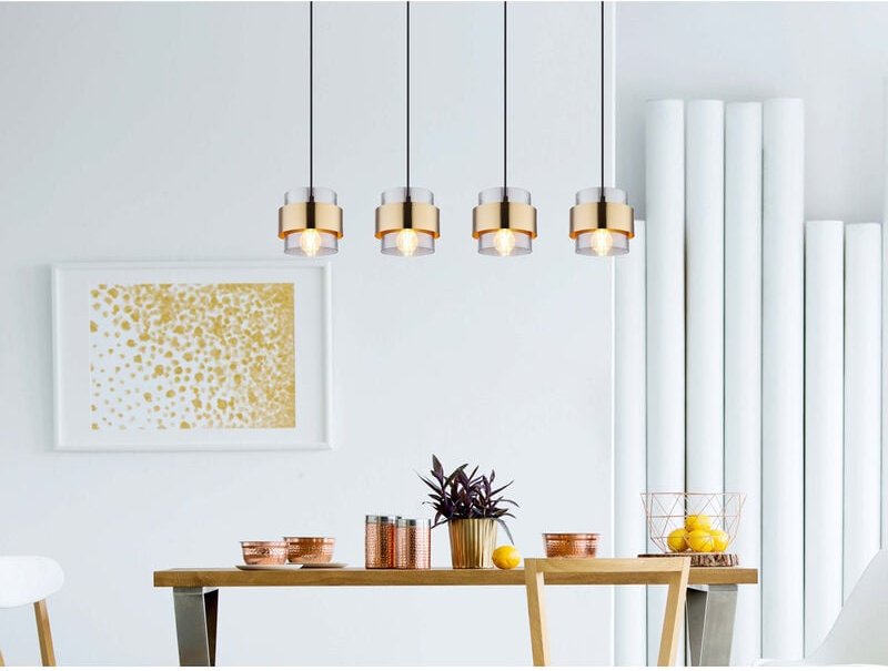 Led Pendelleuchte 4-flammig mit Rauchglas und Messing lang, Breite 111cm