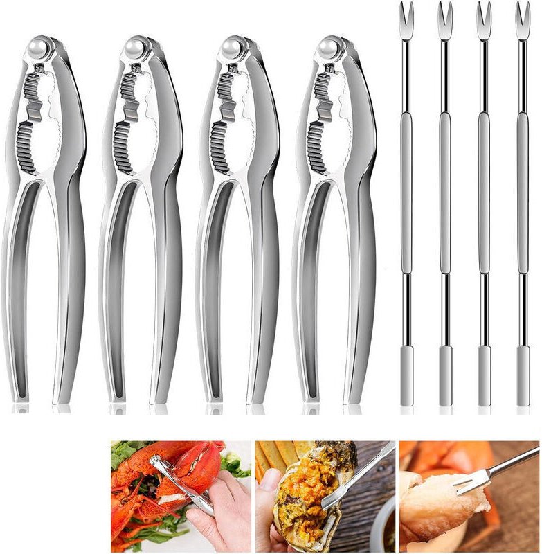 Set mit 8 Hummerknackern und -spießen, Krabbenbeinknackern, Meeresfrüchte-Crackern und -Gabeln aus Edelstahl, Nussknacke...
