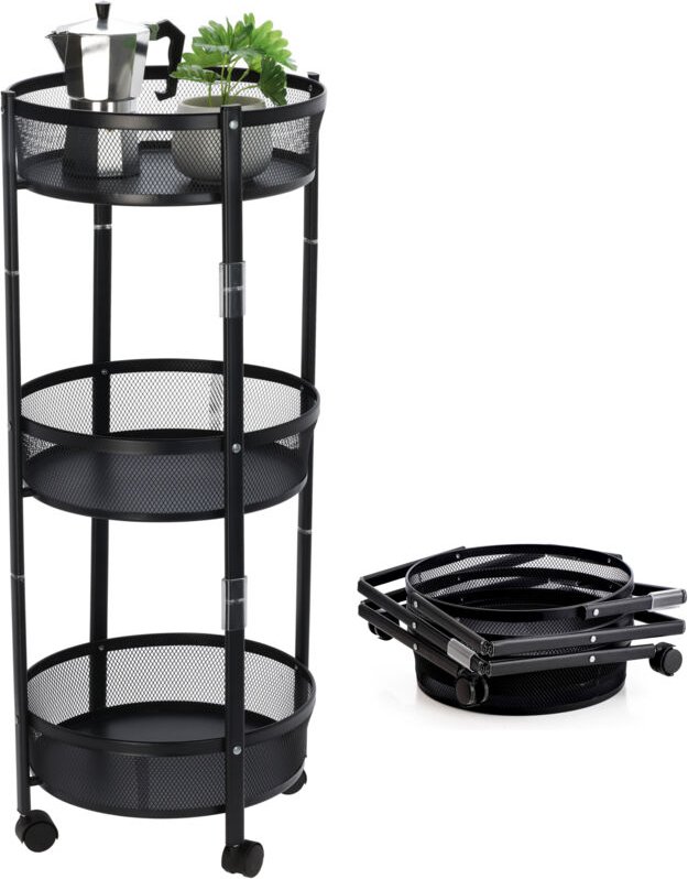 Metall Rollwagen schwarz rund mit 3 Ablagen klappbar - 88 x 37 cm - Faltbarer Küchenwagen mit 3 Ablagekörben