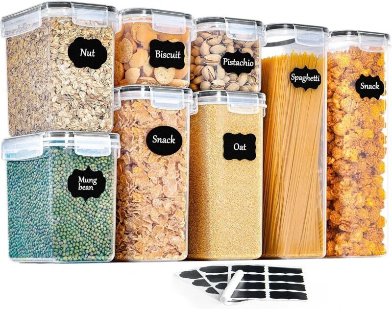 Set mit 8 luftdicht verschlossenen Kunststoffbehältern mit Deckeln für Müsli, Nudeln, Mehl, Tierfutter