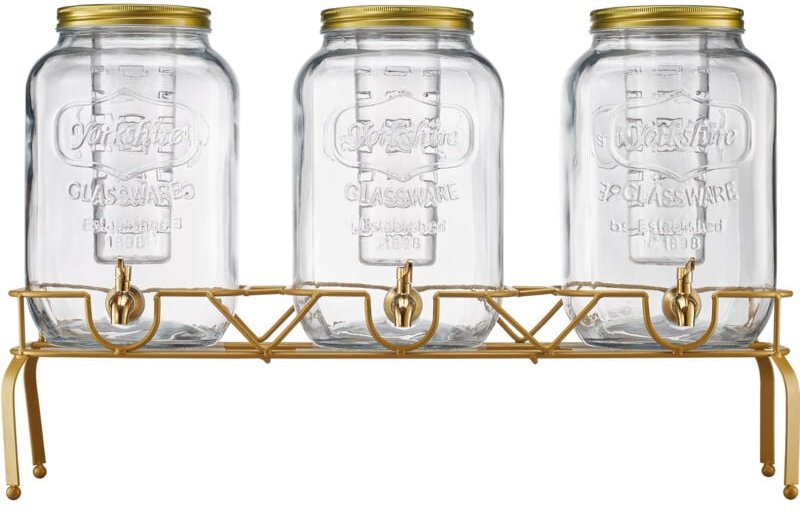 Mophorn Getränkespender (3 x 8 L) aus Glas mit tropfsicherem Zapfhahn und Metallständer – ideal für Partys, Restaurants ...