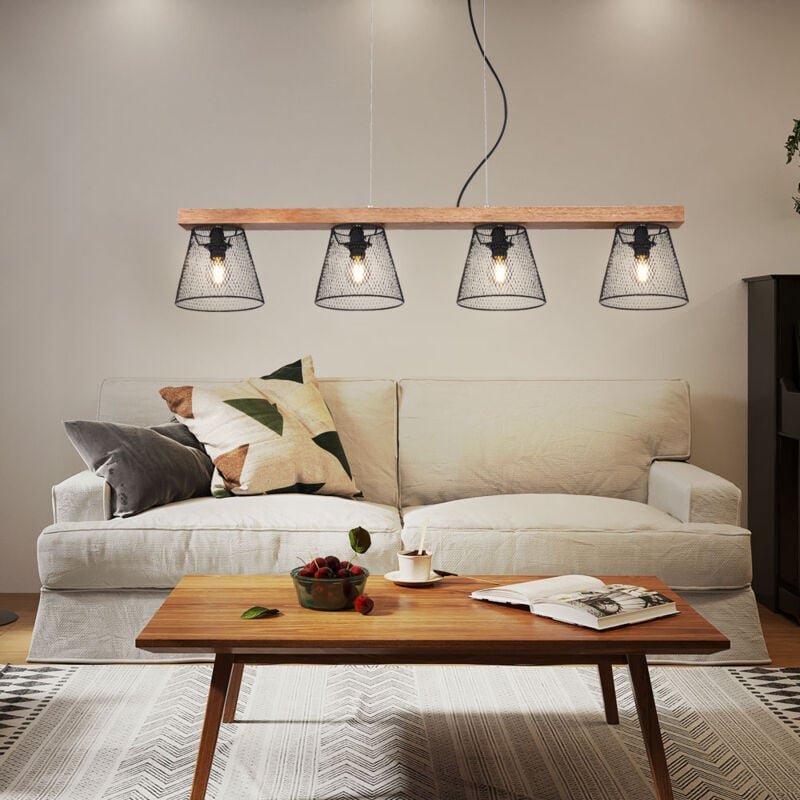 Pendelleuchte Holzlampe 4 flammig Hängelampe Wohnzimmerlampe schwarz mit Gitterschirmen, Metall Holz, schwarz braun, 4x ...
