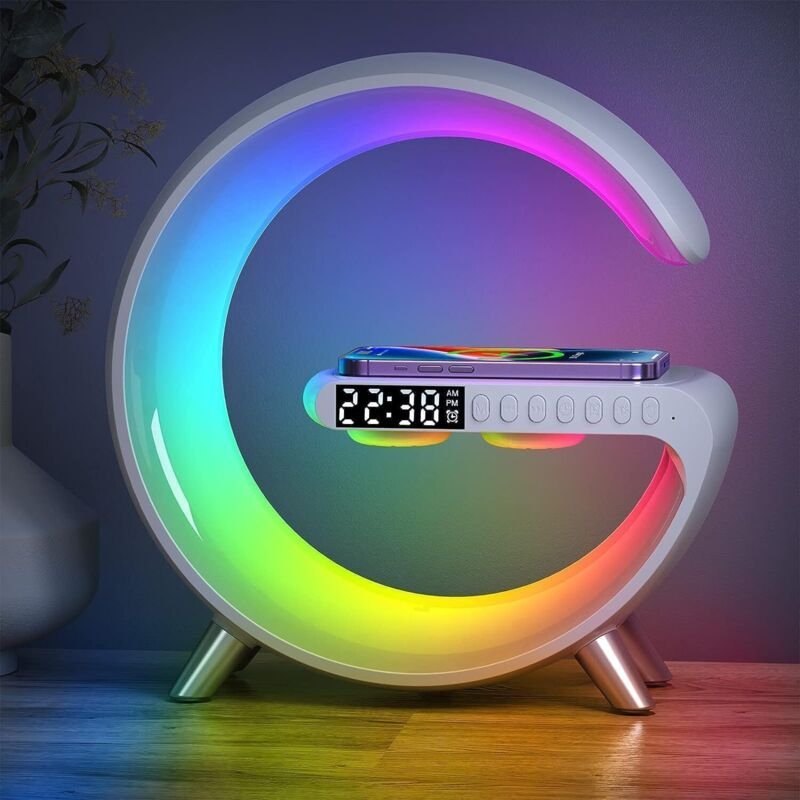 Intelligente Tischleuchte mit kabellosem Ladegerät, Bluetooth-Lautsprecher, RGB-Nachtlicht und App-Steuerung – Multifunk...