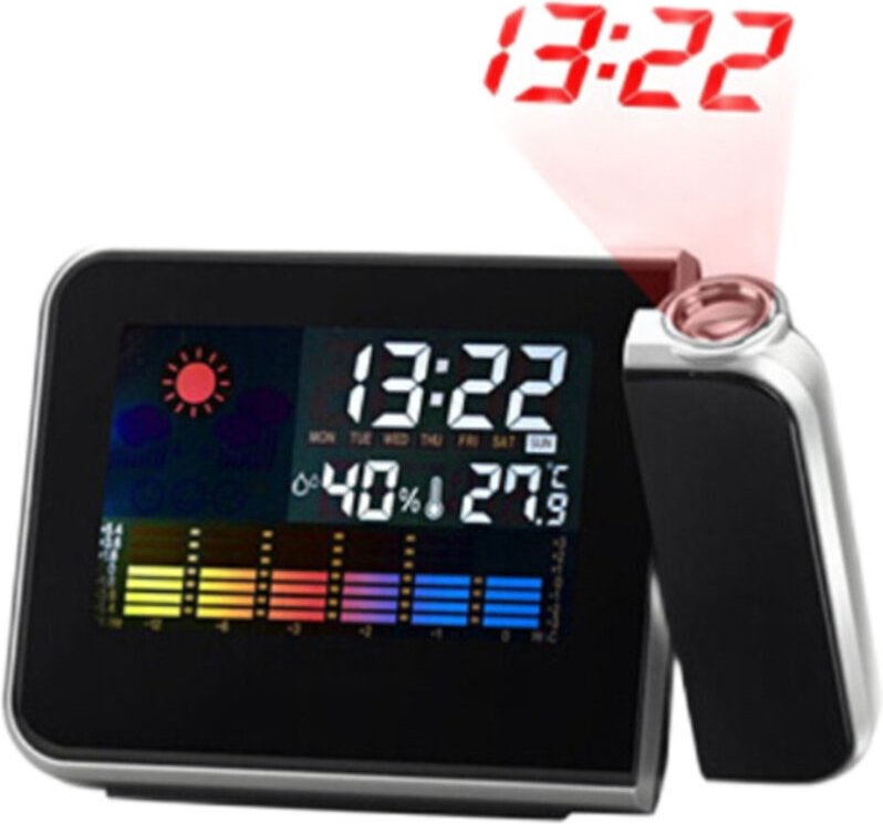 Projektionswecker, 180 Grad verstellbarer digitaler Projektorwecker mit Wetterstation, Temperatur-, Luftfeuchtigkeits- u...
