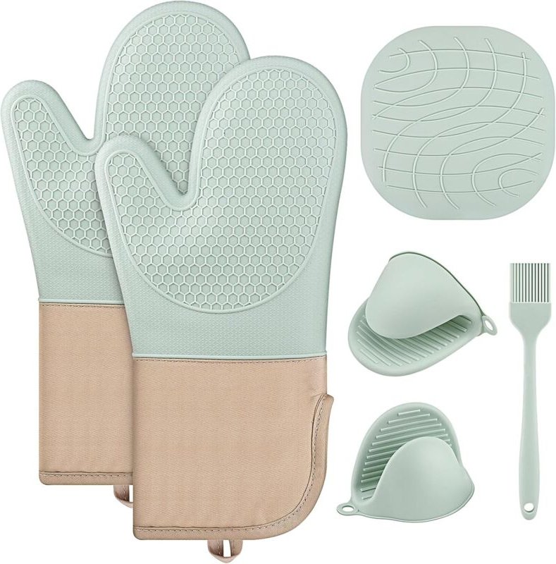 Ofenhandschuhe und Topflappen aus Silikon, hitzebeständig, rutschfest, Küchenhandschuhe zum Kochen, Backen, Grillen, 6 S...