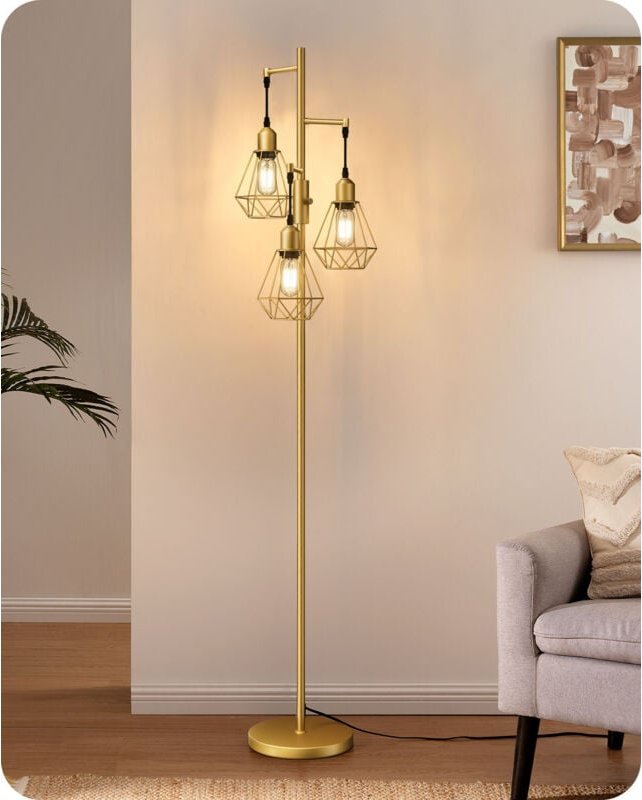 EDISHINE LED Stehlampe Wohnzimmer, 4W E27 LED Leuchtmittel, 3 flammige Retro Stehlampe dimmbar mit Käfig-Lampenschirm au...