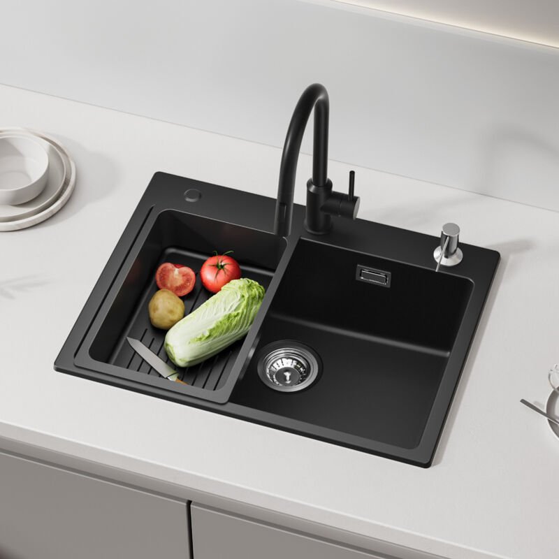 CECIPA MAX Granit Spüle 60 x 45 cm Aufsatzspüle mit Seifenspender & Abtropfkorb Küchenspüle Granit inkl. Siphon Ab- und ...