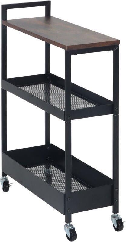 Relaxdays Nischenwagen, 3 Ebenen, Industrial-Design, HBT: 70 x 20 x 50 cm, Bad, Küche, Metall, Rollwagen, braun/schwarz