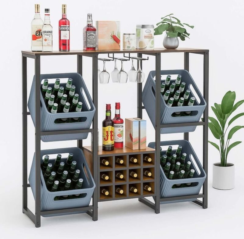 DanDiBo Getränkekistenregal 4 Kisten mit Ablage Schwarz Metall Holzablage 96659 Getränkeregal Kistenregal Getränkekisten...