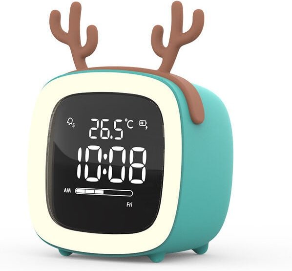 Der niedliche intelligente Wecker mit blauem Hirsch-Cartoon wurde speziell für Kinder und Studenten entwickelt. Er verfü...