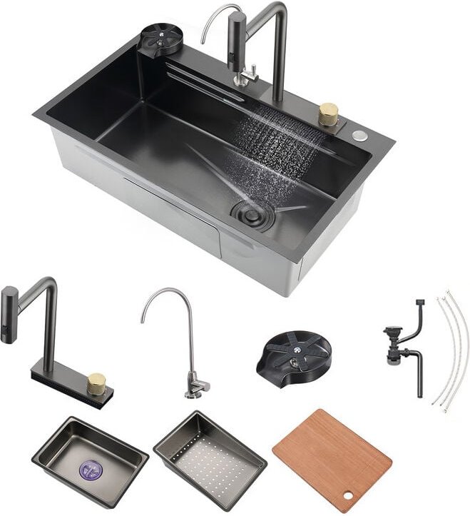 Küchenspüle, 304 Edelstahl Nano Spüle, Spüle Küche 1 Becken, Wasserfall Küche Spüle, mit Ausziehbarer Wasserhahn, Trinkw...