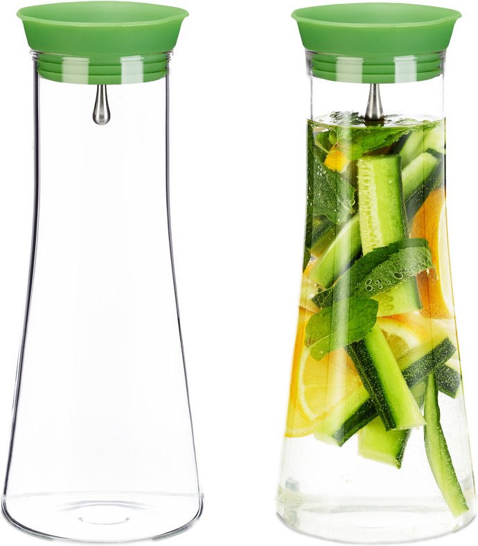 2 x Glaskaraffe zylindrisch, 1 Liter, Gastro, Edelstahl Ausgießer, feines Kristallglas, spülmaschinenfest, Karaffe, klar