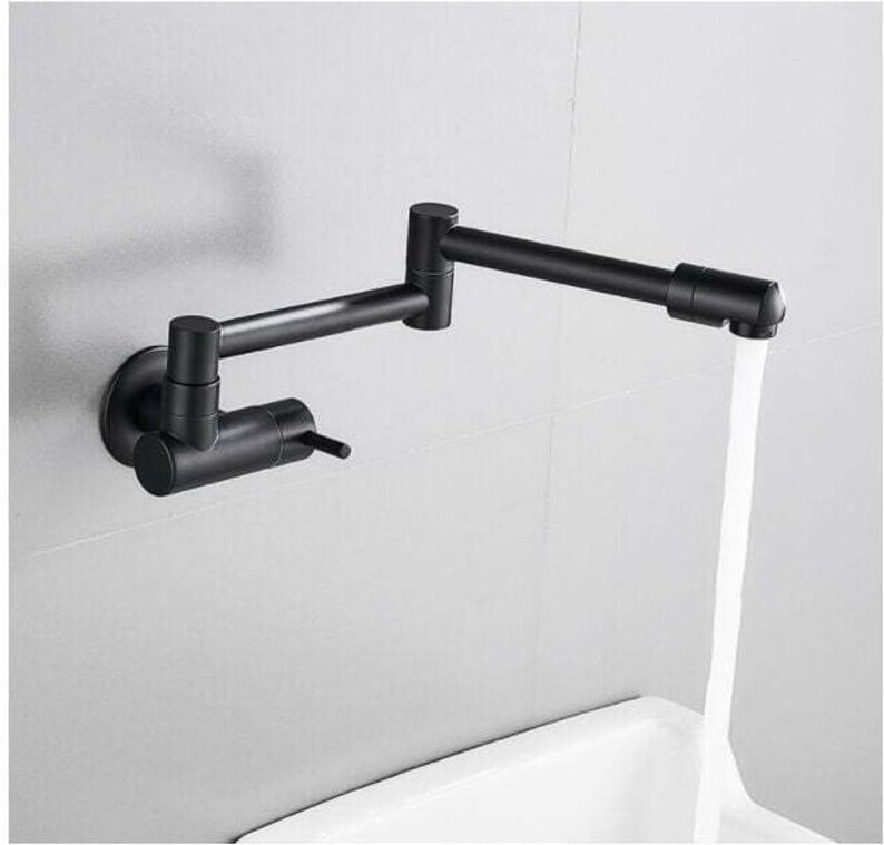 Ahlsen Wandmontierter Küchenhahn, teleskopisch klappbar, schwarzer Wandhahn, Messing-Wandhahn, Wandmischer, einzelner Ka...