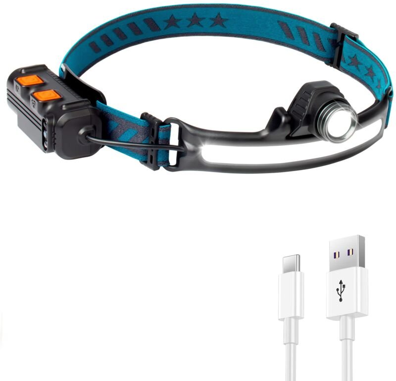 Wiederaufladbare LED-Stirnlampe, 2000 mAh, 500 Lumen, 270°-Beleuchtung, 6 Modi, usb-c, IPX4, wasserdicht, cob, xpg