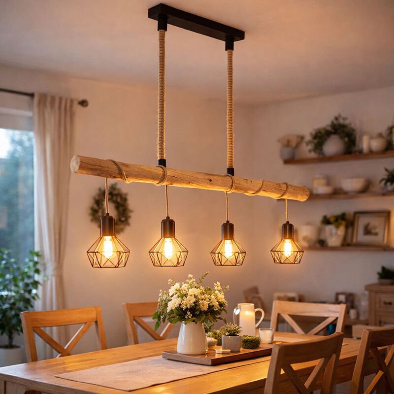 Led Hängelampe Holzbalken natur Pendelleuchte Käfig schwarz Hängeleuchte Holz, schwarz, 4x E27 Fassungen, 5W 300Lm 1800K...