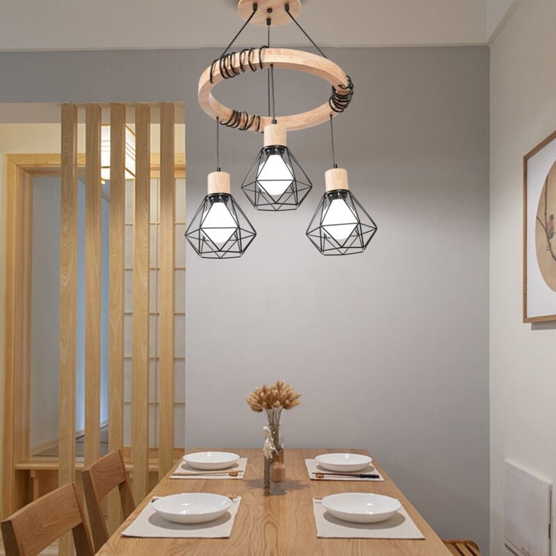 Thumbnail - Pendelleuchte In Holz - Stil Industriell Retro - Verstellbare Kordel - Diamantförmiger Lampenschirm - Schwarz - 3 Flammi...