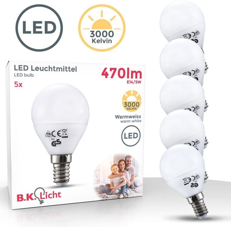 B.k.licht - led Glühbirne E14 5er Set - 4,9W, 470lm, 3000K warmweiß, weiß