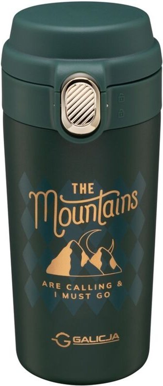 MOUNTAINS Thermobecher/Trinkflasche 350 ml, Edelstahl 18/10, Kunststoff, grün-goldene Flasche