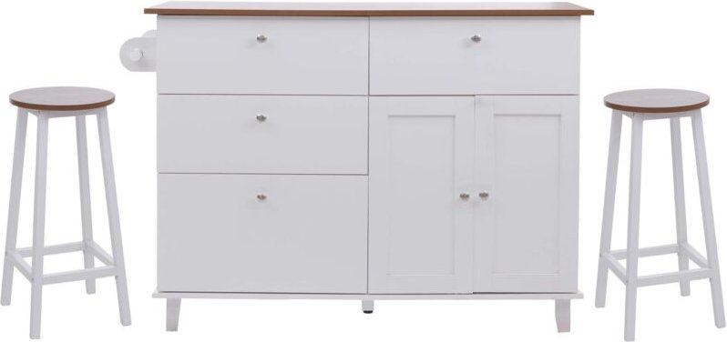 Kücheninsel HHG-692 mit 2 Sitzhockern, Küchenschrank Schublade Staufächer MDF 90x131x47cm weiß, helles Holz