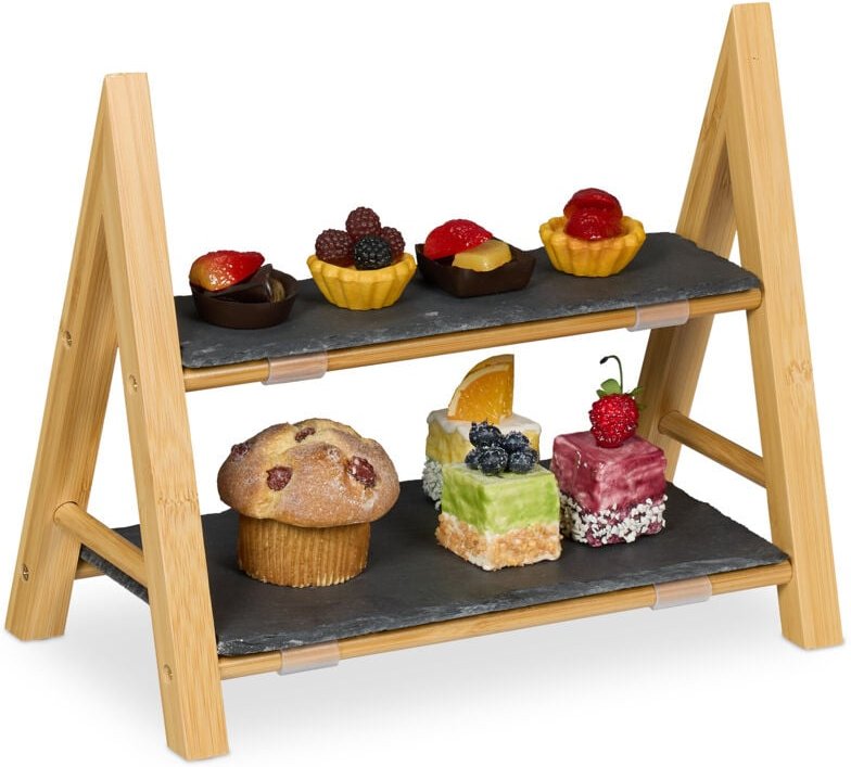 Thumbnail - Relaxdays - Etagere, 2 Etagen, mit Schieferplatten, hbt 27x32x17 cm, rustikaler Servierständer, Bambus-Gestell, natur/gr...