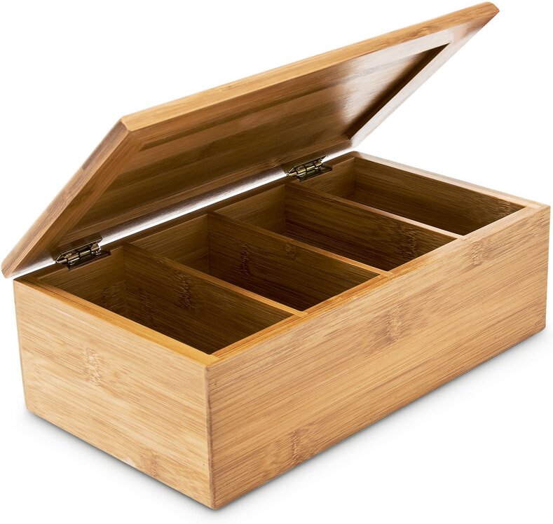 Teebox HxBxT:9x28,5x16cm, Bambus, aufklappbarer Deckel, 4 Fächer, Teebeutelbox/Schmuckkästchen, natur - Relaxdays