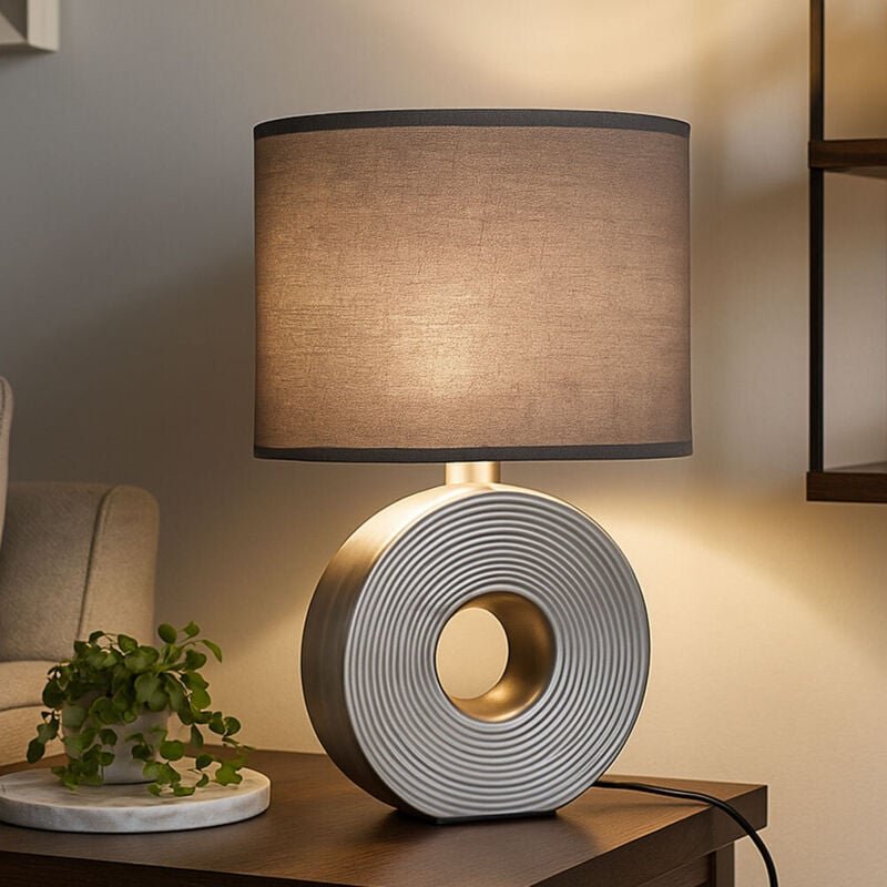 Fischer&honsel - Tischleuchte eye mit Keramikfuß Silber & Stoffschirm Anthrazit, Höhe 38cm