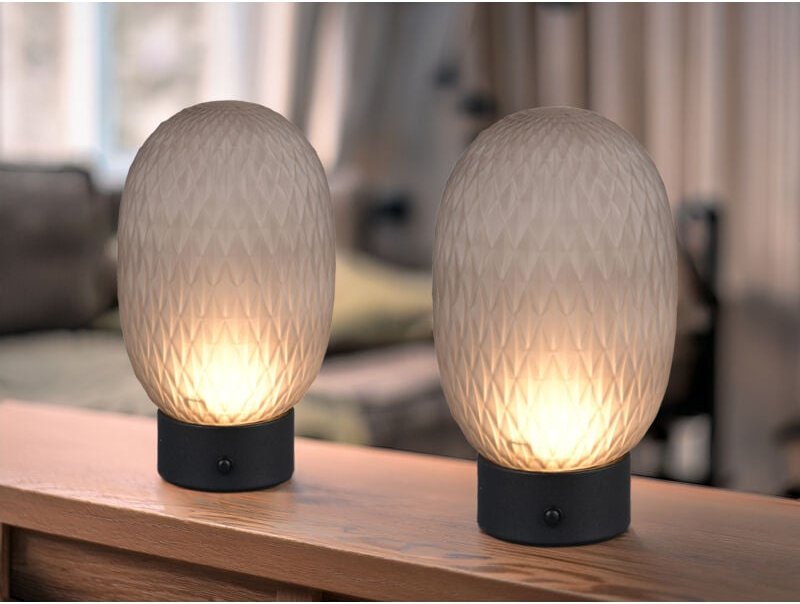 Meinewunschleuchte - 2er set kleine Akku Tischleuchten mit Rauchglas Schirm, Höhe 20,5cm