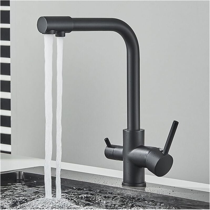 3-Wege-Küchenarmatur, Doppelschraub-Trinkwasserhahn, 3-in-1-Durchgang, 360° drehbarer Mischbatteriehahn mit 2 Auslässen,...