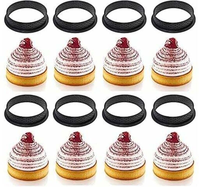 8-teiliges Set perforierter runder Kuchenausstecher, schwarzer runder Mousse-Törtchenring, antihaftbeschichteter Gebäcka...