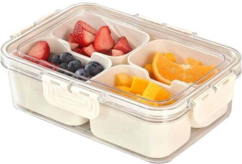 Snackbox, 4-Fächer-Snackbox mit Deckel und Griff, Tragbare Snacktabletts mit Fächern, Transparenter Snackteller für Pick...