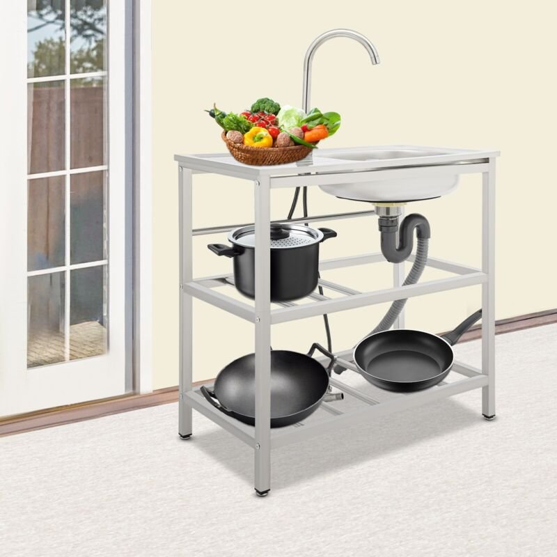 NEW Silver Stainless Steel Kitchen Sink, Freestanding Outdoor Kitchen Utility Sink, Stainless Steel Sink with Faucet, To...