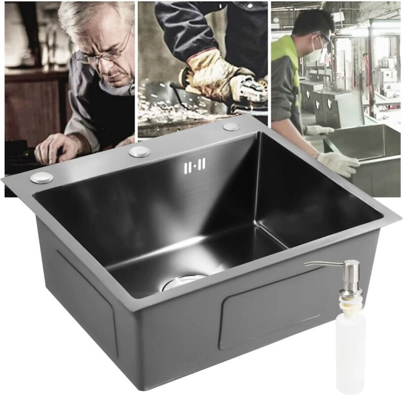 Gojoy - 45x50cm Schwarz Edelstahl Rechteck Einbauspüle Küchenspüle Spülbecken mit Rohr