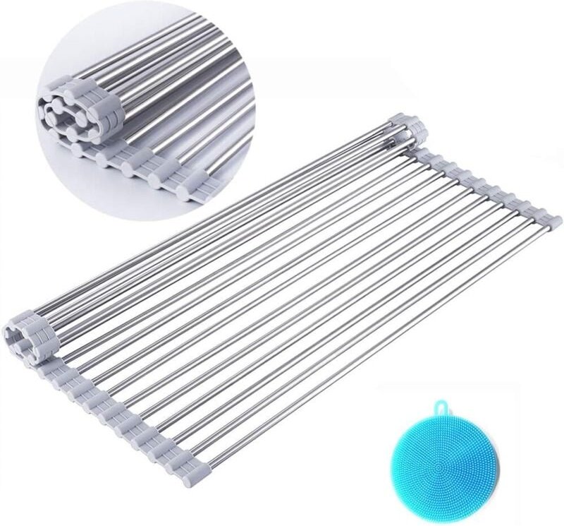 Aufrollbarer Geschirrständer über der Spüle, Mehrzweck-Abtropfgestell aus Edelstahl, faltbar, extra groß