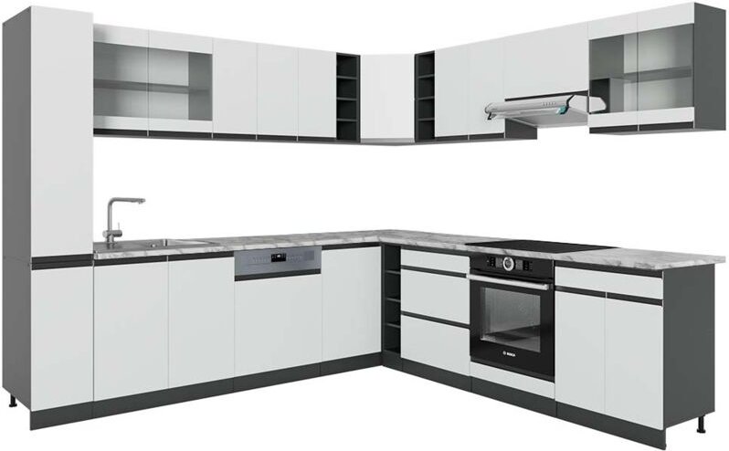 Vicco - Eckküche R-Line, Weiß/Anthrazit, 257 x 277 cm J-Shape, ap Marmor