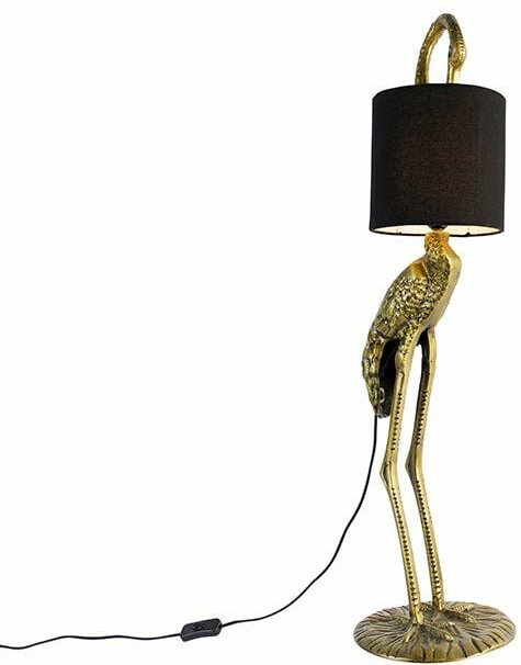 Vintage Stehlampe Messing Stoffschirm schwarz - Kranichvogel